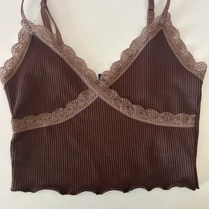 H&M Brown Lace Trim Ribbed Cami Top